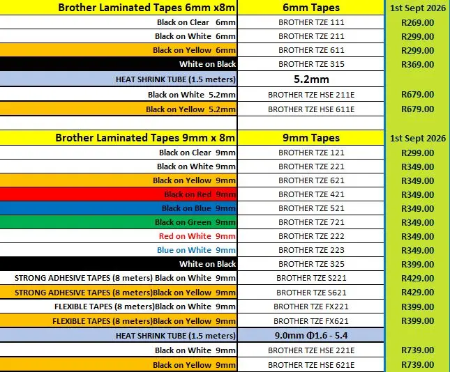 Sept 2026 Brother Laminated Tapes 6-9mm